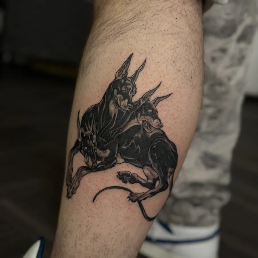 Divi dobermaņi tumšā grafiskā stilā uz ikra